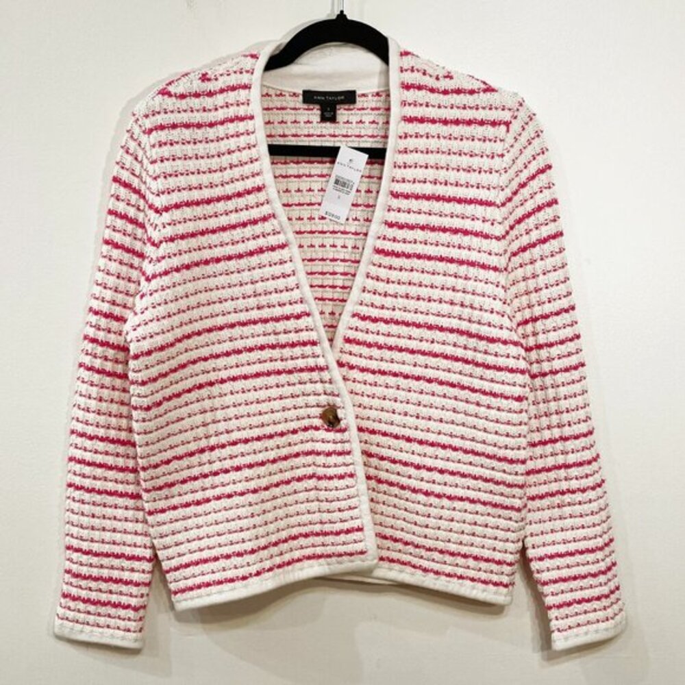 New Ann Taylor Cotton Blend Tweed Cardigan Cream Pink Small $129
